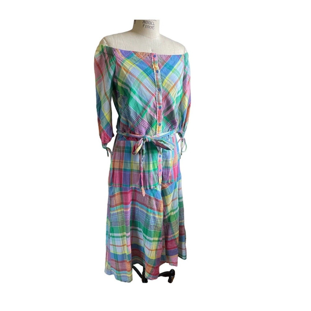 Lauren Ralph Lauren Tartan Multicolor Plaid Off-The-Shoulder‎ Maxi Dress 8 NEW